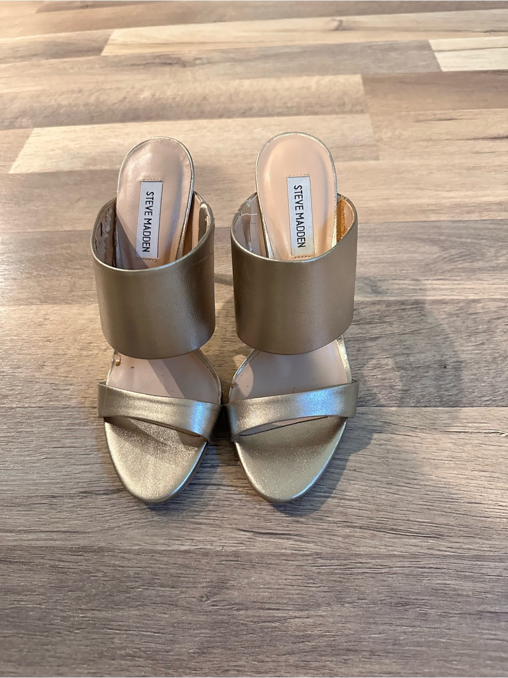 Steve Madden Metallic Gold Wide-Strap Block Heel Mules